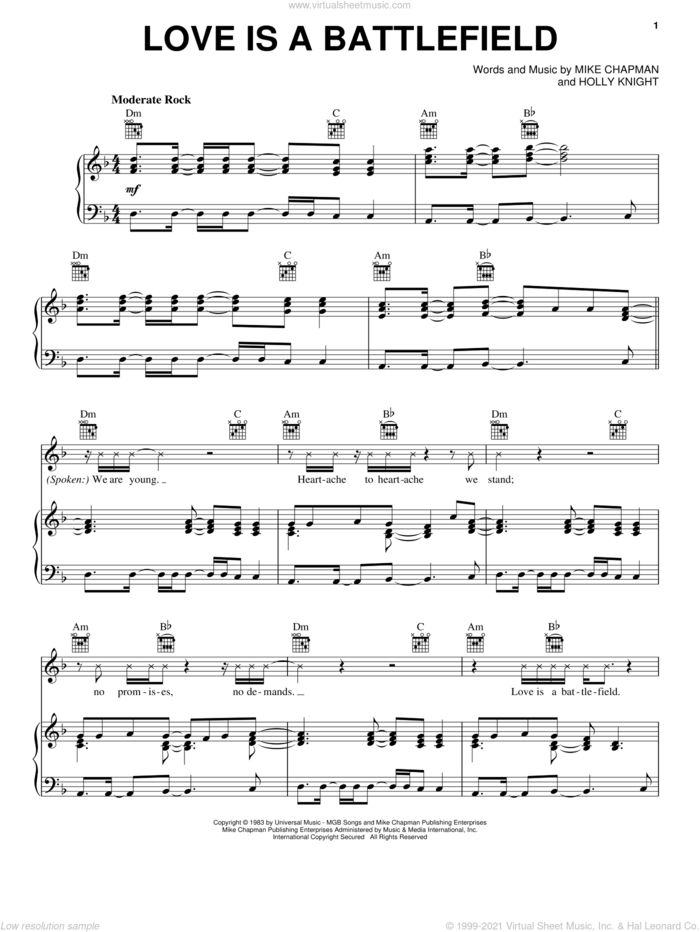 Love Is A Battlefield sheet music for voice, piano or guitar by Pat Benatar, Holly Knight and Mike Chapman, intermediate skill level