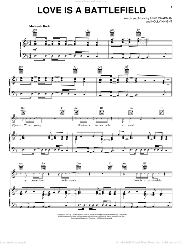 Love Is A Battlefield sheet music for voice, piano or guitar by Pat Benatar, Holly Knight and Mike Chapman, intermediate skill level