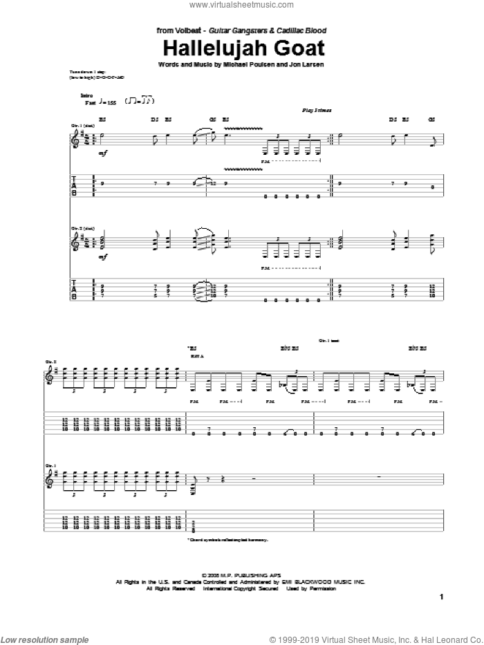 Hallelujah Goat sheet music for guitar (tablature) by Volbeat, Jon Larsen and Michael Poulsen, intermediate skill level