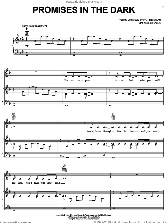 Promises In The Dark sheet music for voice, piano or guitar by Pat Benatar and Neil Giraldo, intermediate skill level