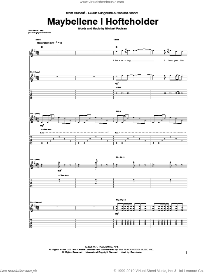Maybellene I Hofteholder sheet music for guitar (tablature) by Volbeat and Michael Poulsen, intermediate skill level
