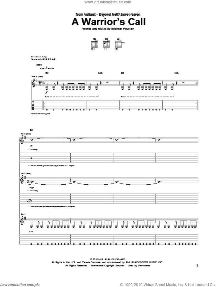 A Warrior's Call sheet music for guitar (tablature) by Volbeat and Michael Poulsen, intermediate skill level