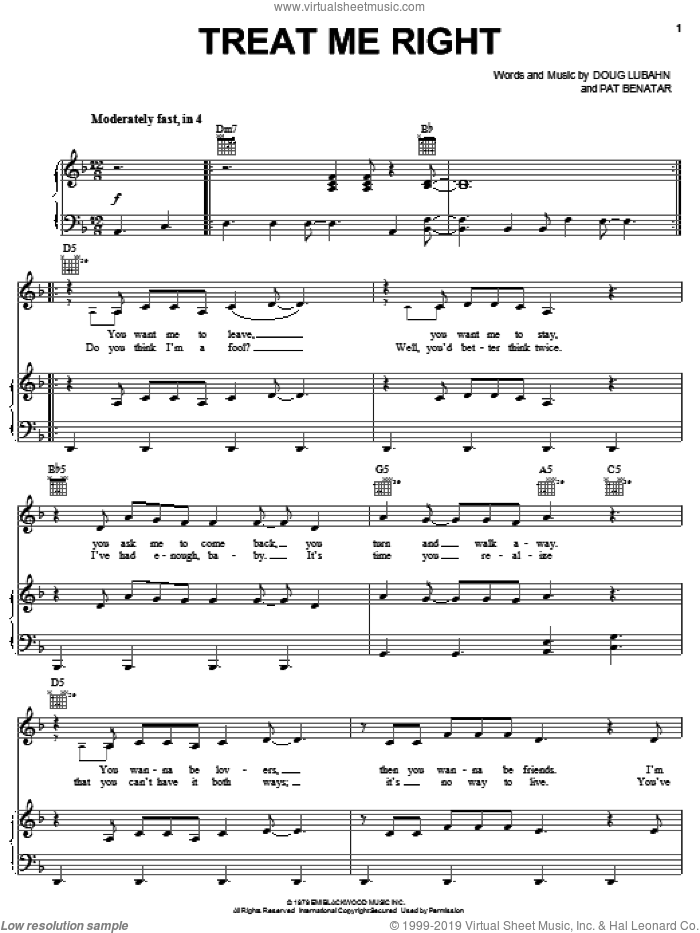 Treat Me Right sheet music for voice, piano or guitar by Pat Benatar and Doug Lubahn, intermediate skill level