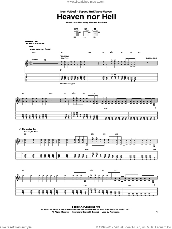 Heaven Nor Hell sheet music for guitar (tablature) by Volbeat and Michael Poulsen, intermediate skill level