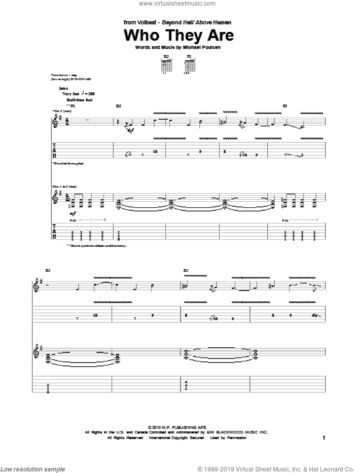 Who They Are sheet music for guitar (tablature) by Volbeat and Michael Poulsen, intermediate skill level