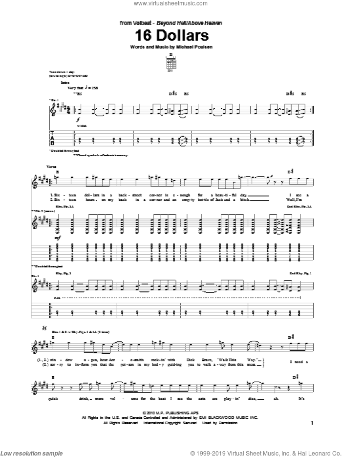 16 Dollars sheet music for guitar (tablature) by Volbeat and Michael Poulsen, intermediate skill level