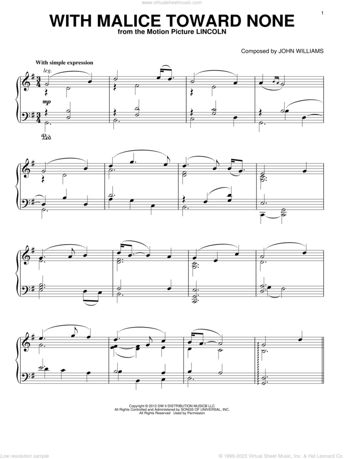 With Malice Toward None, (intermediate) sheet music for piano solo by John Williams and Lincoln (Movie), intermediate skill level