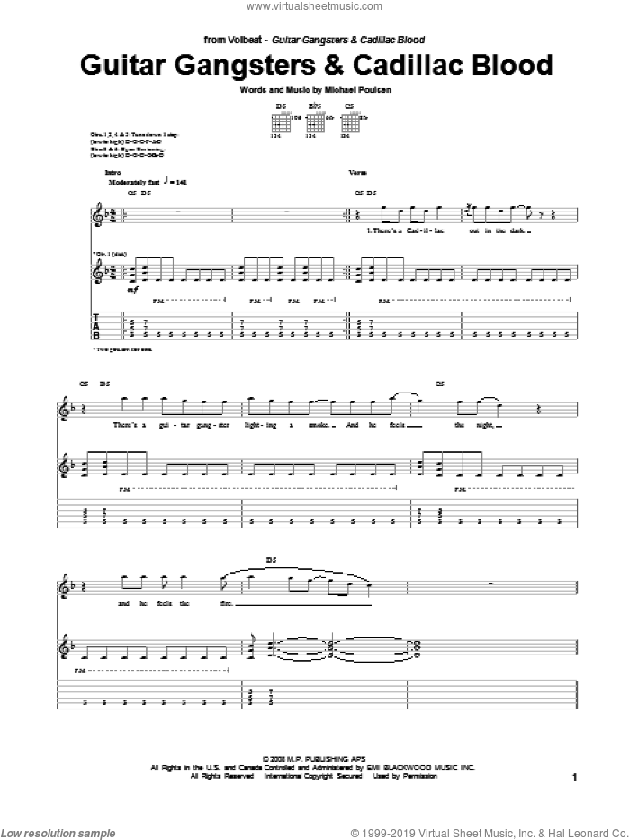Guitar Gangsters and Cadillac Blood sheet music for guitar (tablature) by Volbeat and Michael Poulsen, intermediate skill level