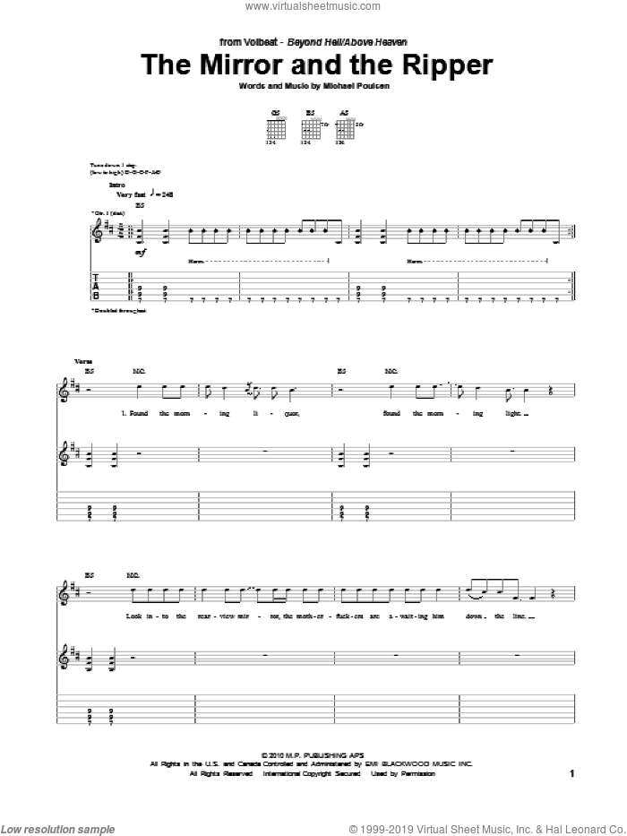 The Mirror And The Ripper sheet music for guitar (tablature) by Volbeat and Michael Poulsen, intermediate skill level