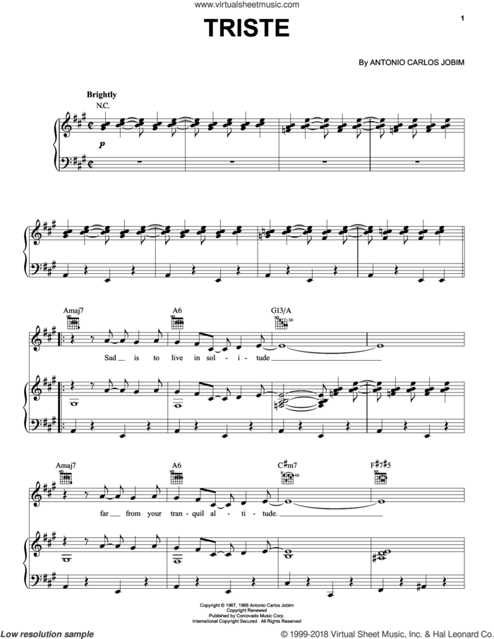 Triste sheet music for voice, piano or guitar by Antonio Carlos Jobim, intermediate skill level