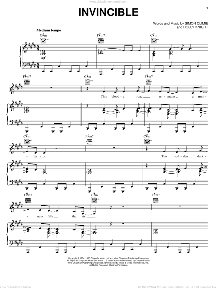Invincible sheet music for voice, piano or guitar by Pat Benatar, Holly Knight and Simon Climie, intermediate skill level
