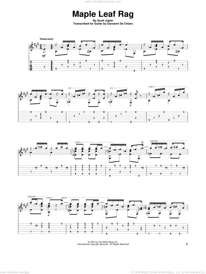 Maple Leaf Rag sheet music for guitar solo by Scott Joplin and Giovanni De Chiaro, classical score, intermediate skill level