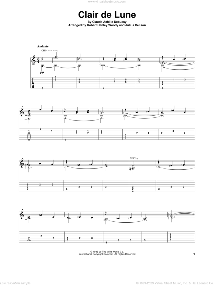 Clair De Lune sheet music for guitar solo by Robert Henley Woody and Claude Achille Debussy, classical score, intermediate skill level