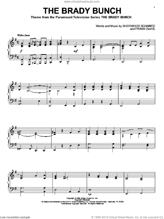 The Brady Bunch sheet music for piano solo by Sherwood Schwartz and Frank DeVol, intermediate skill level