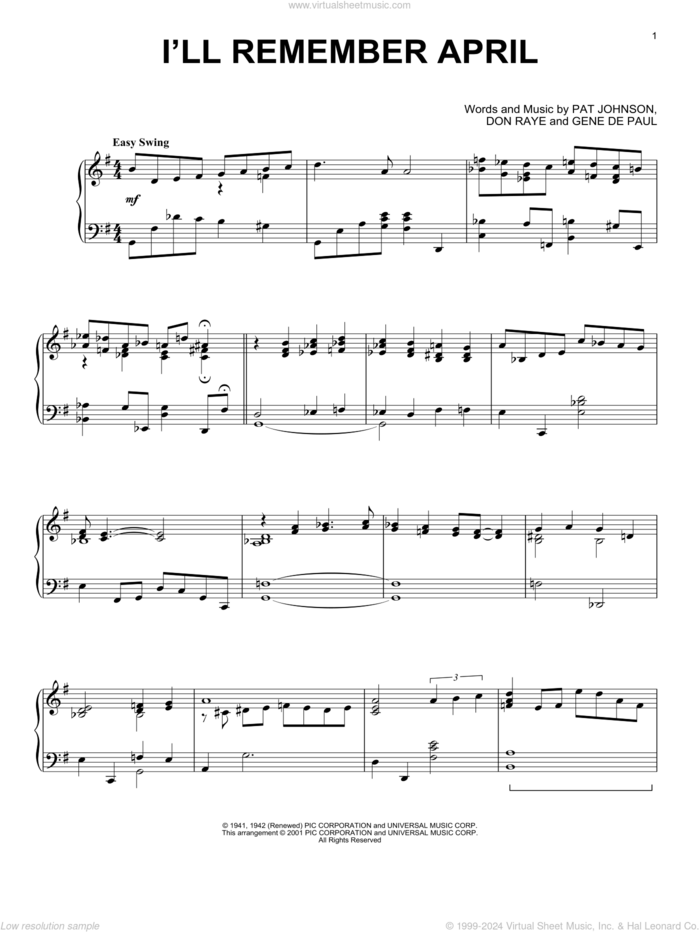 I'll Remember April sheet music for piano solo by Woody Herman & His Orchestra, intermediate skill level