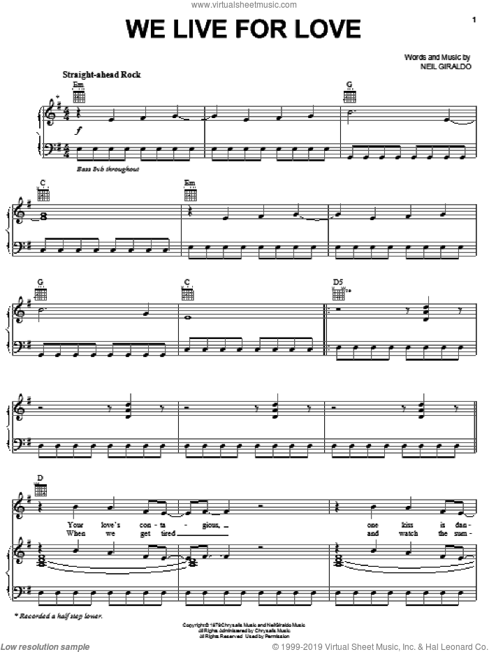 We Live For Love sheet music for voice, piano or guitar by Pat Benatar and Neil Giraldo, intermediate skill level