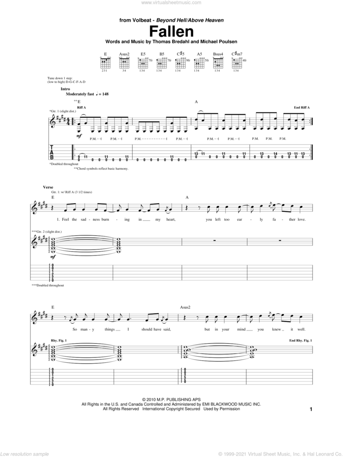 Fallen sheet music for guitar (tablature) by Volbeat, Michael Poulsen and Thomas Bredahl, intermediate skill level