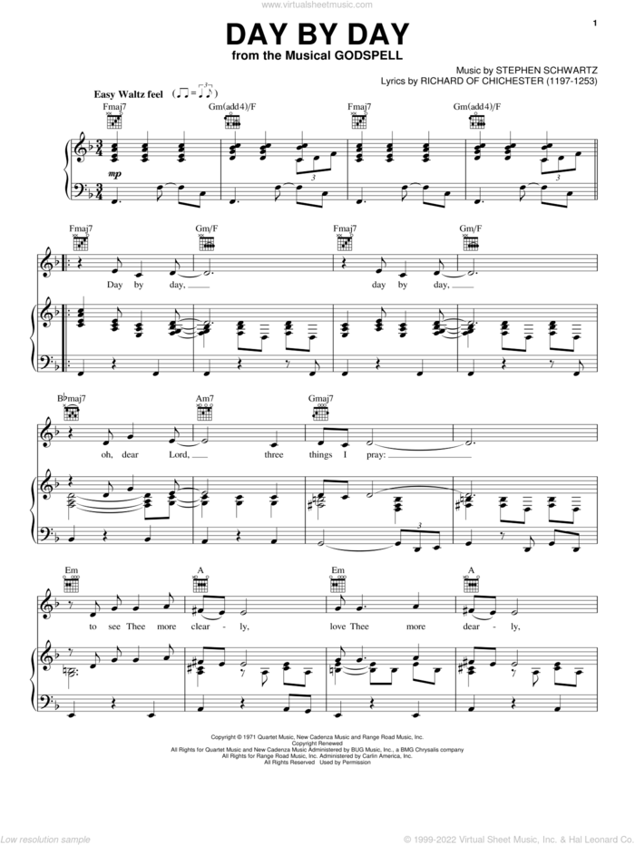 Day By Day (from Godspell) sheet music for voice, piano or guitar by Stephen Schwartz and Godspell (Musical), intermediate skill level
