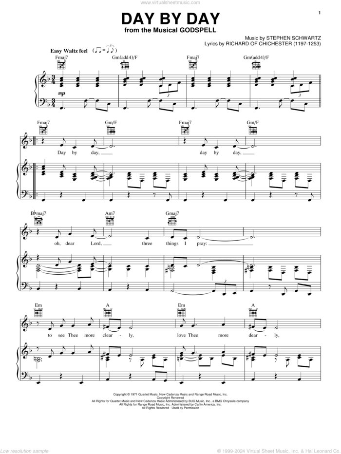 Day By Day (from Godspell) sheet music for voice, piano or guitar by Stephen Schwartz and Godspell (Musical), intermediate skill level