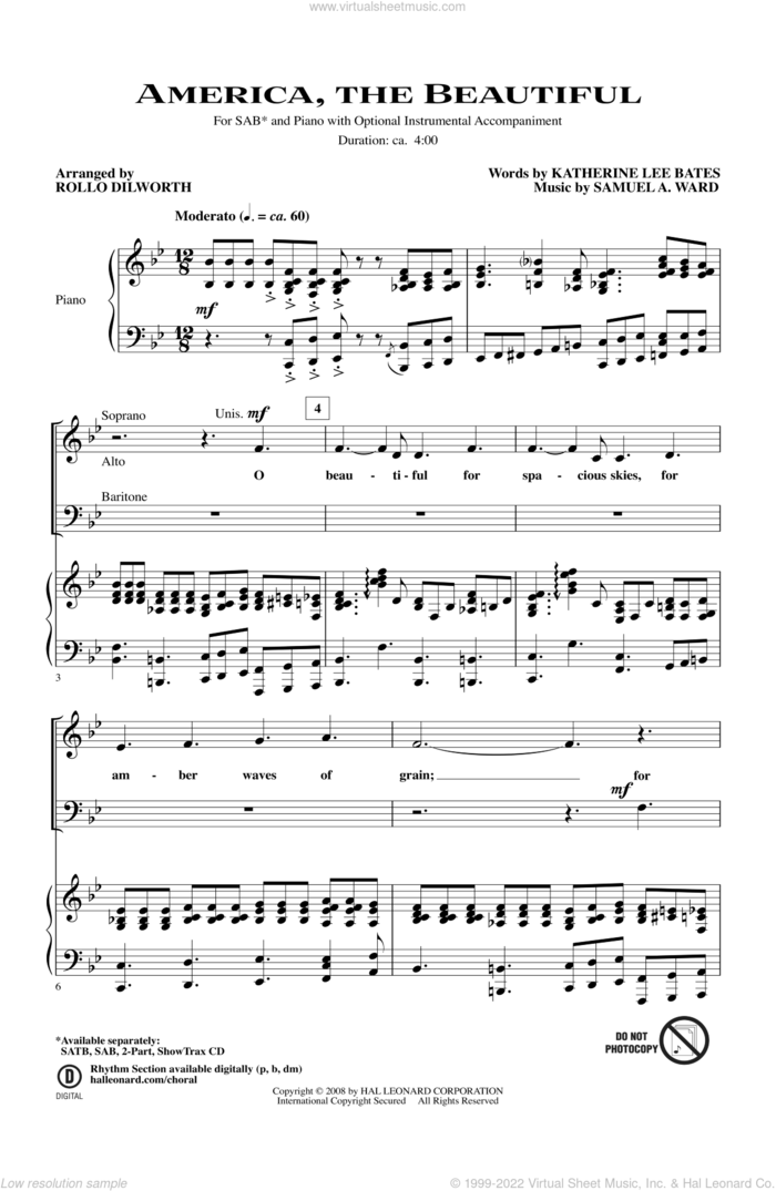 America, The Beautiful sheet music for choir (SAB: soprano, alto, bass) by Rollo Dilworth, Katherine Lee Bates and Samuel Augustus Ward, intermediate skill level