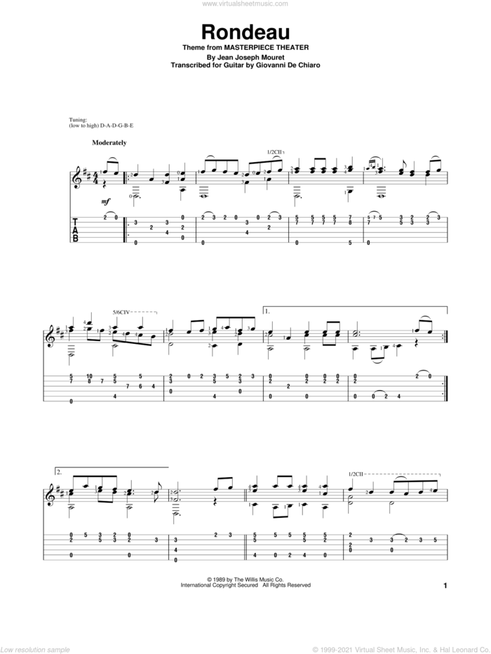 Rondeau sheet music for guitar solo by Jean-Joseph Mouret and Giovanni De Chiaro, classical score, intermediate skill level