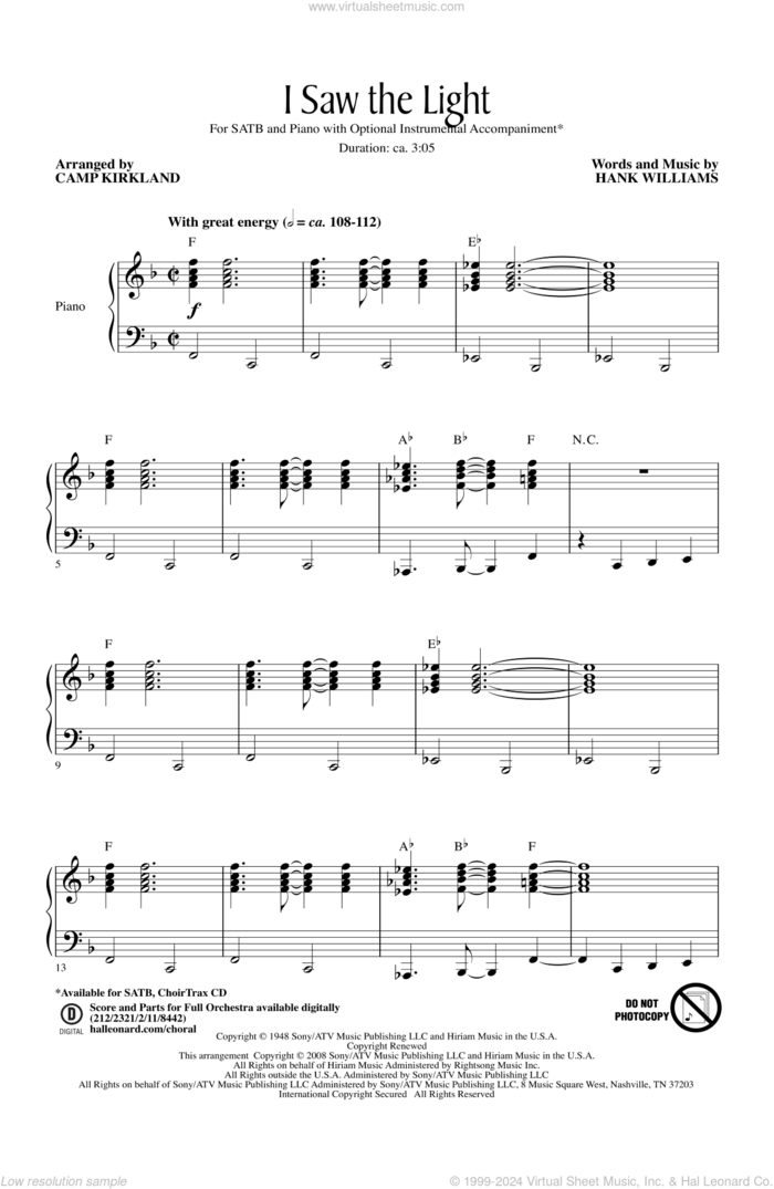 I Saw The Light sheet music for choir (SATB: soprano, alto, tenor, bass) by Hank Williams and Camp Kirkland, intermediate skill level