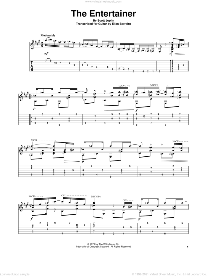 The Entertainer sheet music for guitar solo by Scott Joplin and Elias Barreiro, classical score, intermediate skill level