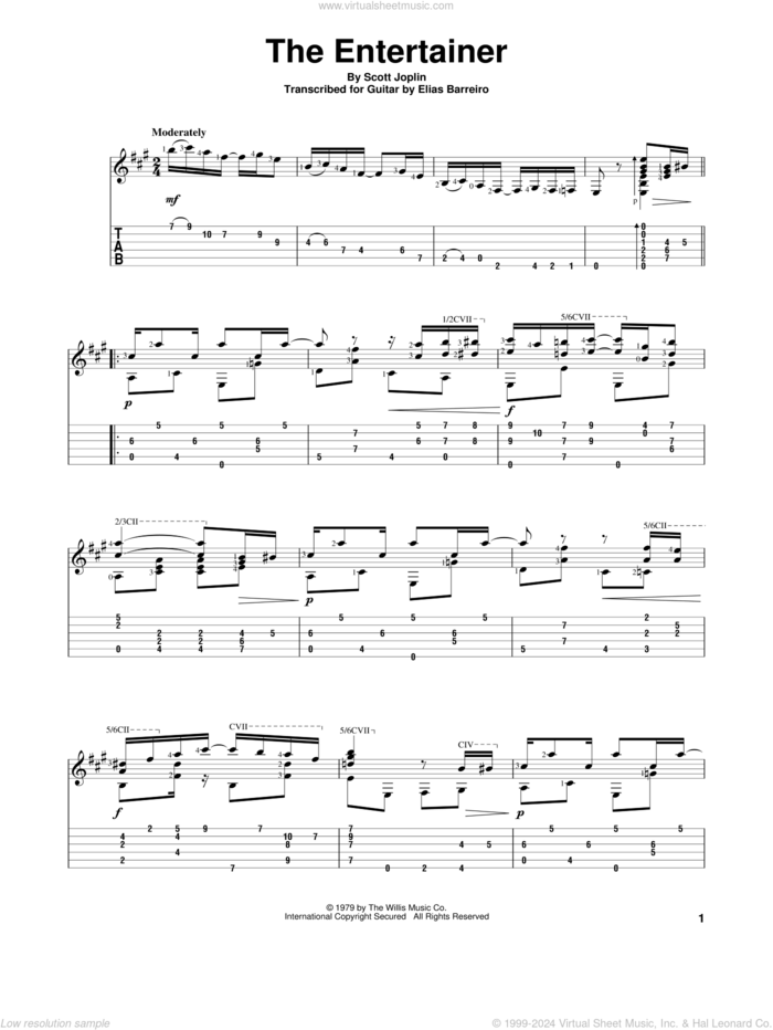 The Entertainer sheet music for guitar solo by Scott Joplin and Elias Barreiro, classical score, intermediate skill level