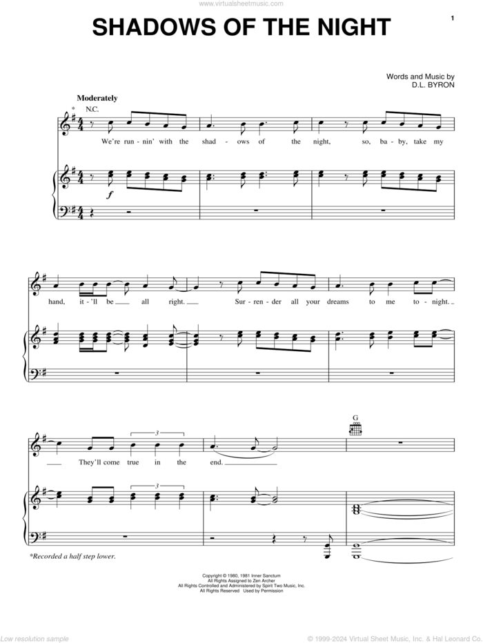 Shadows Of The Night sheet music for voice, piano or guitar by Pat Benatar, Rock Of Ages (Musical) and D.L. Byron, intermediate skill level