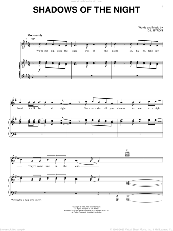 Shadows Of The Night sheet music for voice, piano or guitar by Pat Benatar, Rock Of Ages (Musical) and D.L. Byron, intermediate skill level