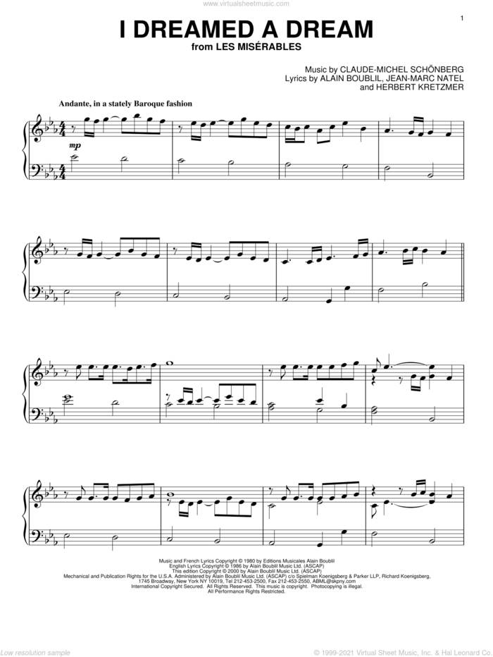 I Dreamed A Dream sheet music for piano solo by Herbert Kretzmer, Alain Boublil & Claude-Michel Schonberg, Jean-Marc Natel and Susan Boyle, intermediate skill level