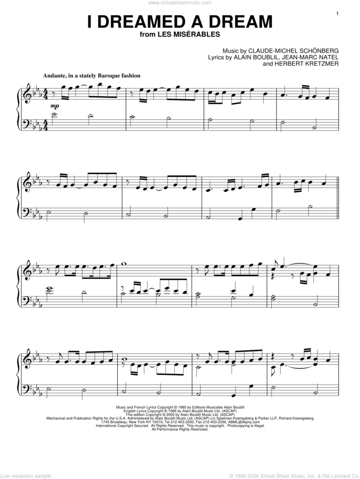 I Dreamed A Dream sheet music for piano solo by Herbert Kretzmer, Alain Boublil & Claude-Michel Schonberg, Jean-Marc Natel and Susan Boyle, intermediate skill level