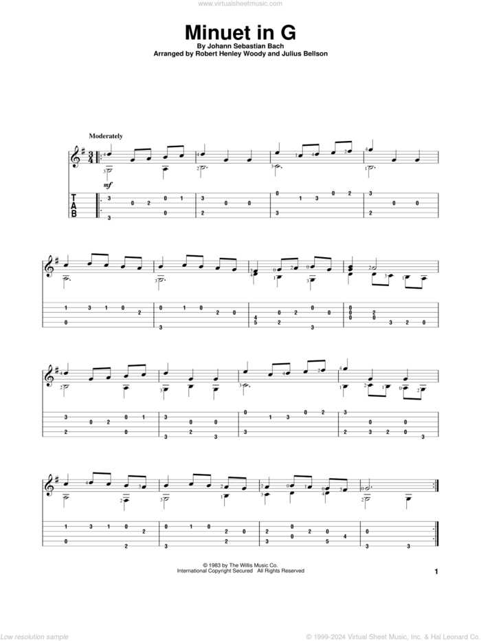 Minuet In G sheet music for guitar solo by Johann Sebastian Bach and Julius Bellson, classical score, intermediate skill level