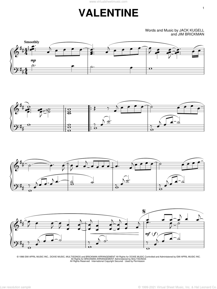 Valentine sheet music for piano solo by Jim Brickman and Jack Kugell, intermediate skill level