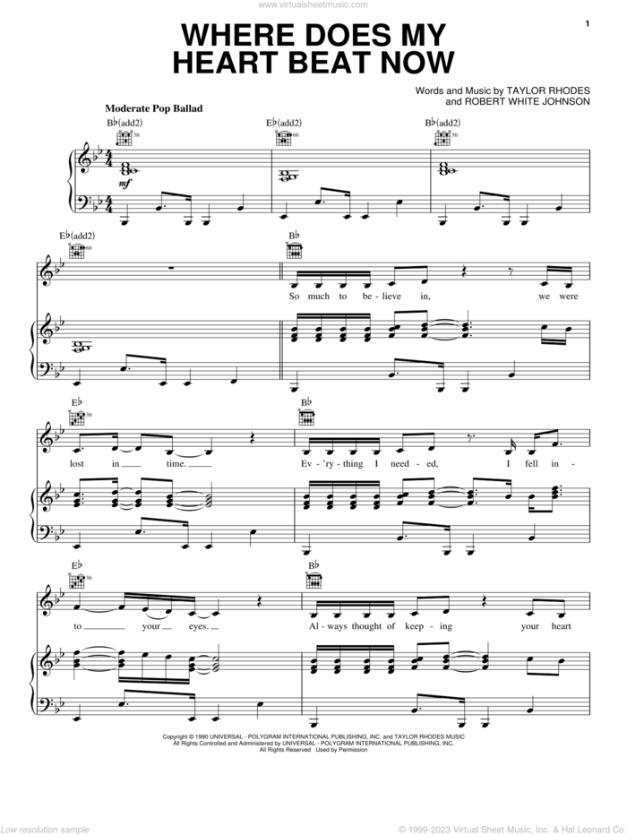 Where Does My Heart Beat Now sheet music for voice, piano or guitar by Celine Dion, Robert White Johnson and Taylor Rhodes, intermediate skill level