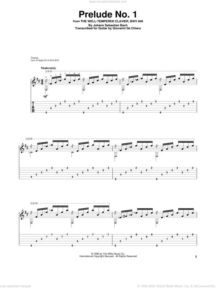 Prelude No. 1 sheet music for guitar solo by Johann Sebastian Bach and Giovanni De Chiaro, classical score, intermediate skill level