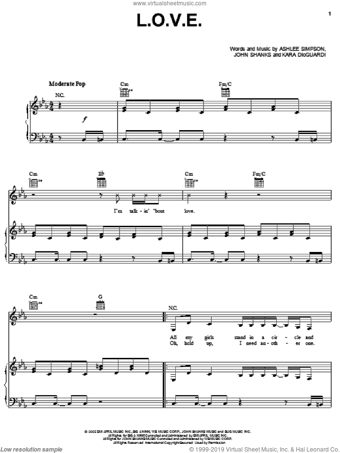 L.O.V.E. sheet music for voice, piano or guitar by Ashlee Simpson, Kara DioGuardi and John Shanks, intermediate skill level