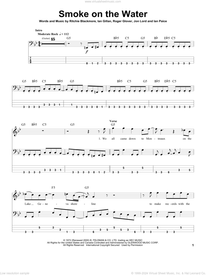 Smoke On The Water sheet music for bass (tablature) (bass guitar) by Deep Purple, Ian Gillan, Ian Paice, Jon Lord, Ritchie Blackmore and Roger Glover, intermediate skill level