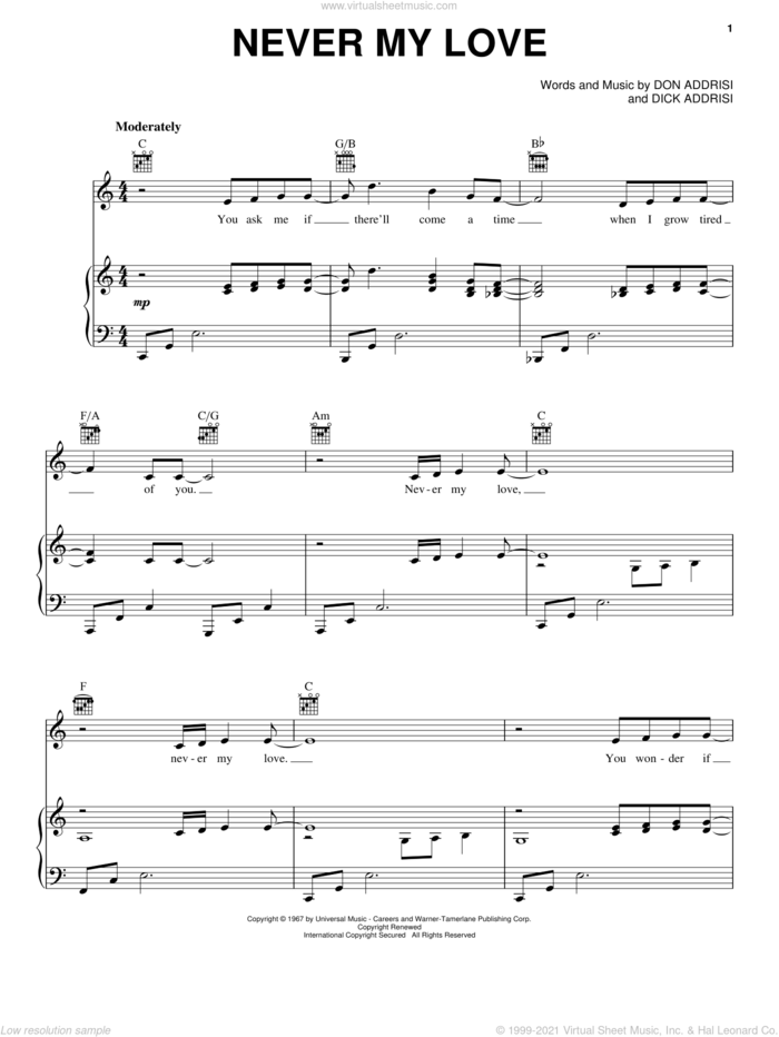 Never My Love sheet music for voice, piano or guitar by The Association, Blue Swede, The Fifth Dimension, Dick Addrisi and Don Addrisi, wedding score, intermediate skill level