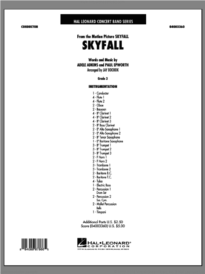 Skyfall (COMPLETE) sheet music for concert band by Paul Epworth, Adele Adkins, Adele and Jay Bocook, intermediate skill level