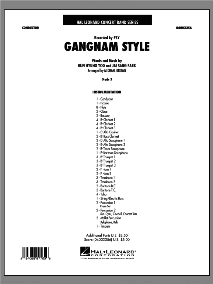 Gangnam Style (COMPLETE) sheet music for concert band by Michael Brown, Gun Hyung Yoo, Jai Sang Park and PSY, intermediate skill level