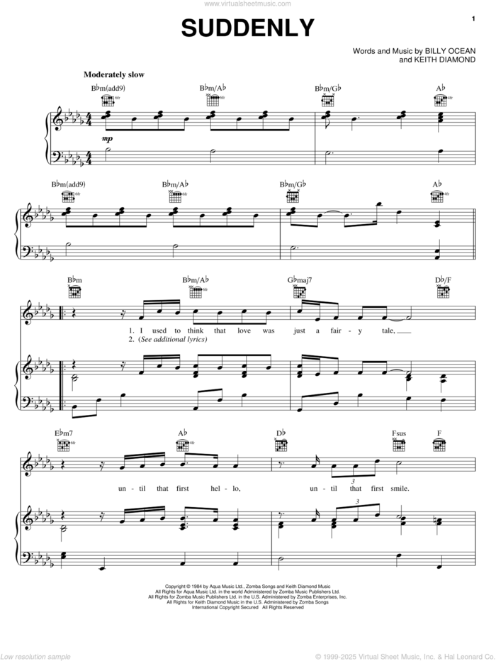 Suddenly sheet music for voice, piano or guitar by Billy Ocean and Keith Diamond, wedding score, intermediate skill level