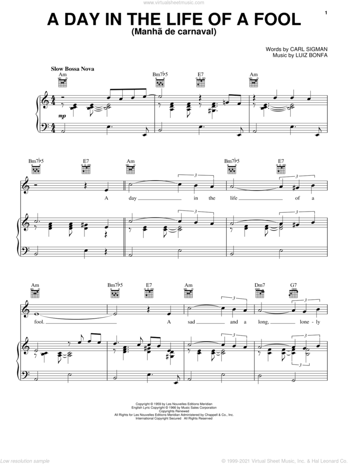 A Day In The Life Of A Fool (Manha De Carnaval) sheet music for voice, piano or guitar by Carl Sigman and Luiz Bonfa, intermediate skill level