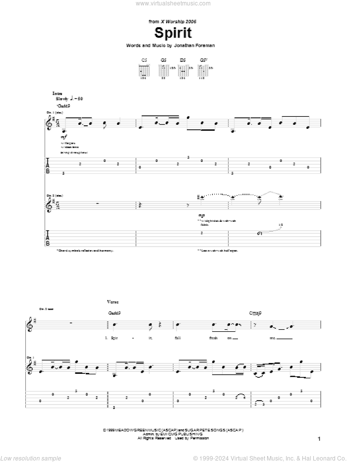 Spirit sheet music for guitar (tablature) by Switchfoot and Jonathan Foreman, intermediate skill level