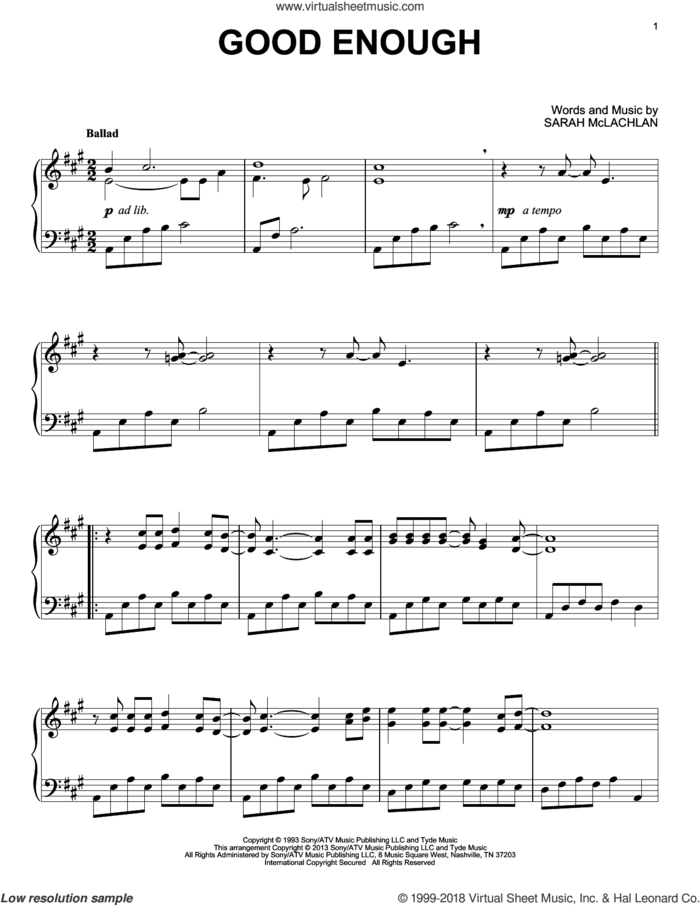 Good Enough sheet music for piano solo by Sarah McLachlan, intermediate skill level