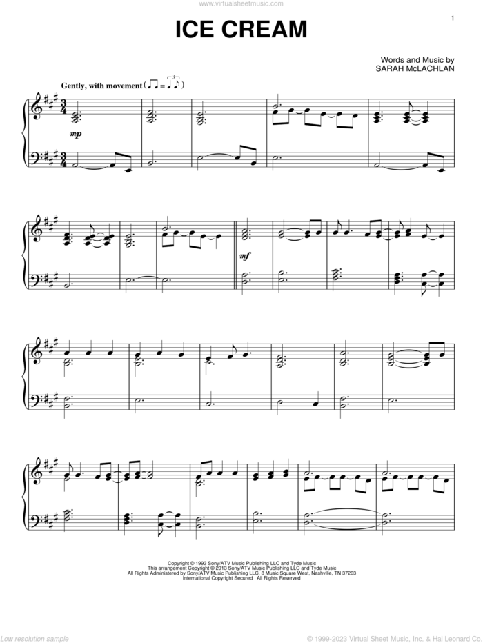 Ice Cream sheet music for piano solo by Sarah McLachlan, intermediate skill level