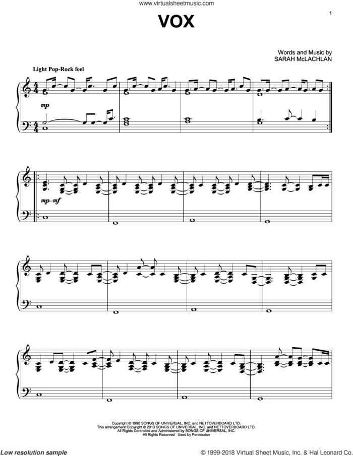 Vox sheet music for piano solo by Sarah McLachlan, intermediate skill level