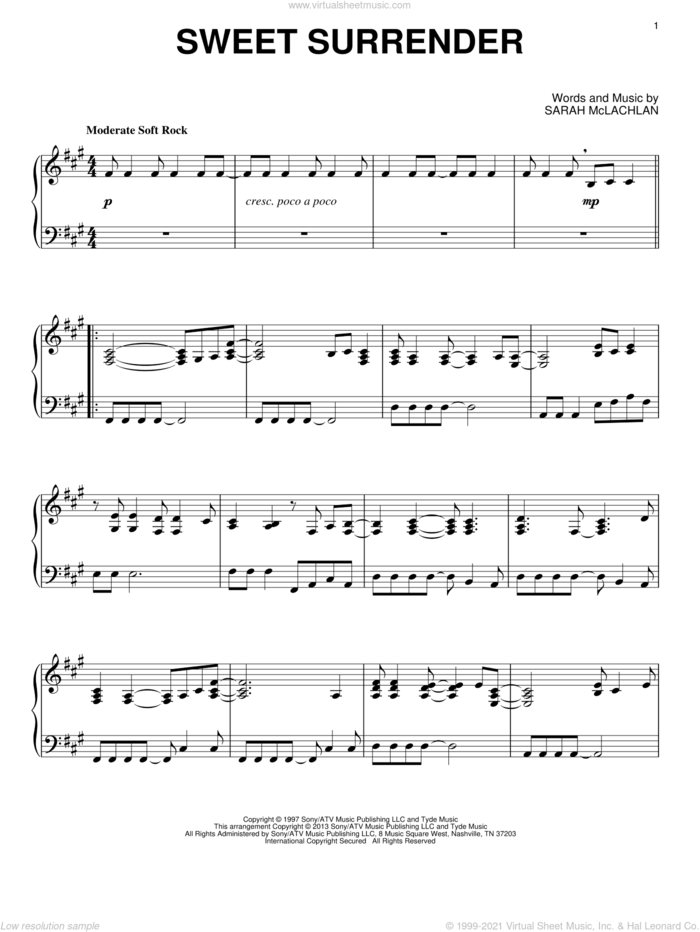 Sweet Surrender, (intermediate) sheet music for piano solo by Sarah McLachlan, intermediate skill level