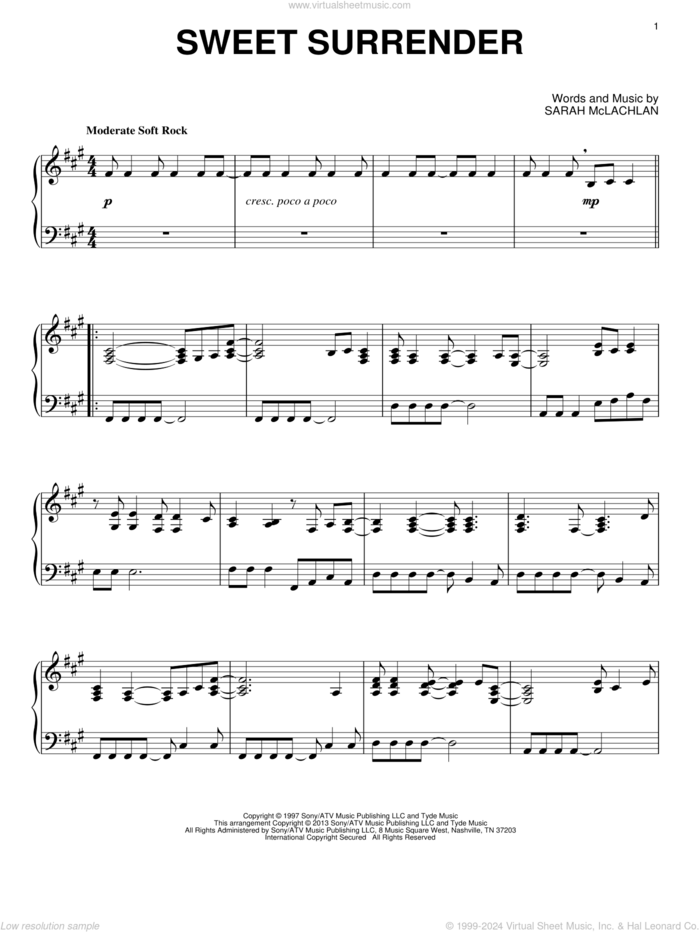 Sweet Surrender, (intermediate) sheet music for piano solo by Sarah McLachlan, intermediate skill level