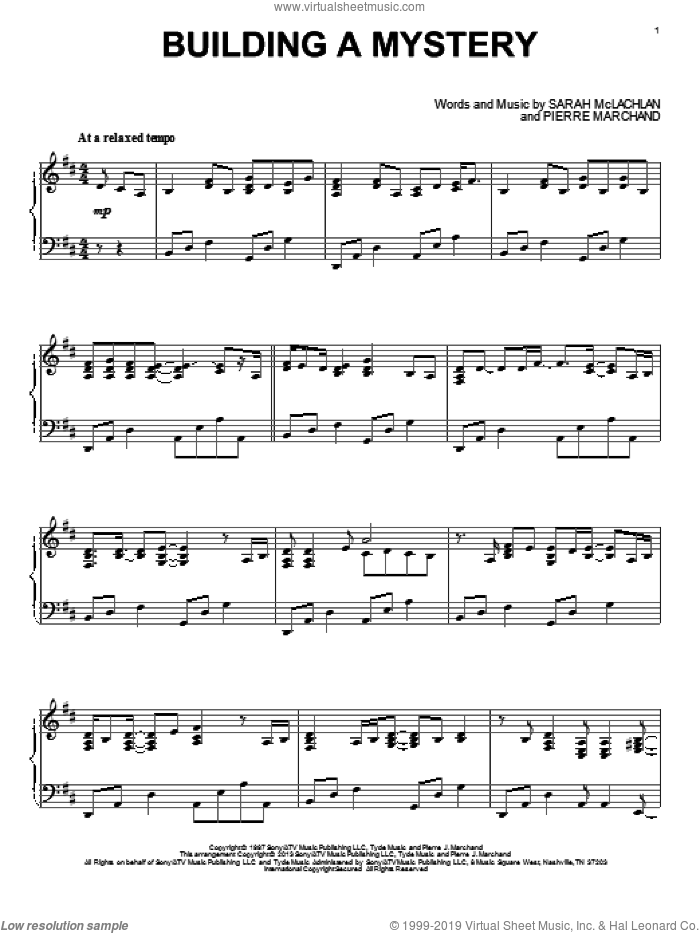 Building A Mystery, (intermediate) sheet music for piano solo by Sarah McLachlan and Pierre Marchand, intermediate skill level